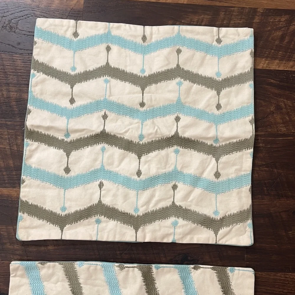 West Elm Blue Cotton Chevron Blue Tan Buttoned Embroidered 20x20 Pillow …